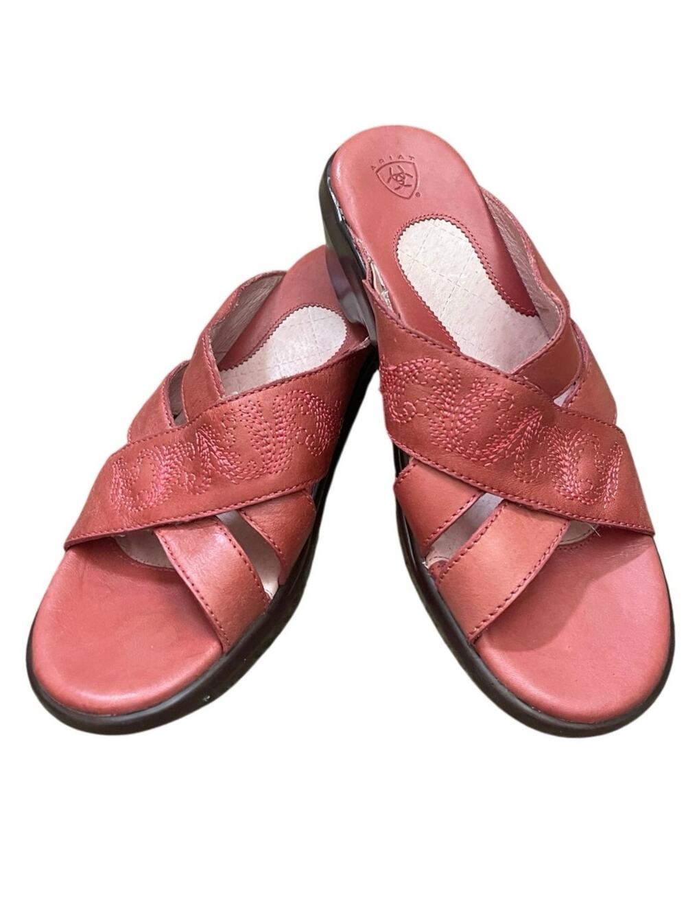 Ariat Leather Slip On Wedge Heel Crossed Decorative Straps Pink Sandals Size 7
